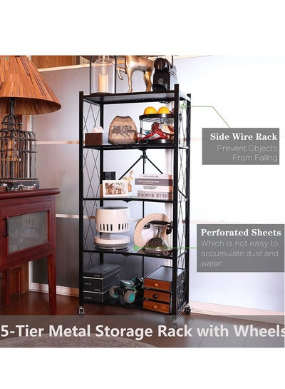 Buy 5 Tier Foldable Storage Shelves for Kitchen Rack No Assembly Shelving on Wheels Rolling Cart Garage Bathroom BOOK Organizer Unit J030 Black in Saudi Arabia