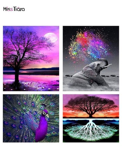 اشتري 4 Pack 5D Diamond Painting Kits for Adults, DIY Diamond Art for Adults, Full Drill Crystal Art for Home Wall Decor Diamond Dots, (Peacock Elephant Trees Night) في الامارات