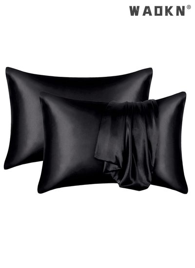 Buy 2-Piece Silk Pillowcase for Hair and Skin,- Allergen Resistant Dual Sides,Soft,Breathable and Sliky Silk Pillowcases King Set of 2,Silk Pillow Cases with Hidden Zipper,Soft Breathable (51*102CM,Black) in UAE