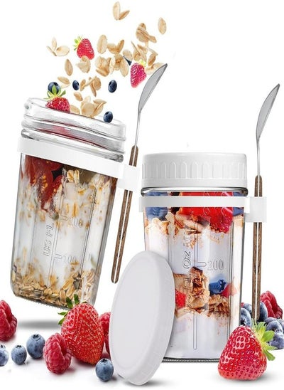 اشتري 2Pcs Overnight Oatmeal Cups Glass milk Cup Portable Yogurt Cup Cereal Cup Breakfast Cups with Scoop Lids Glassware for Milk Salads Fruit with  spoon，White في الامارات