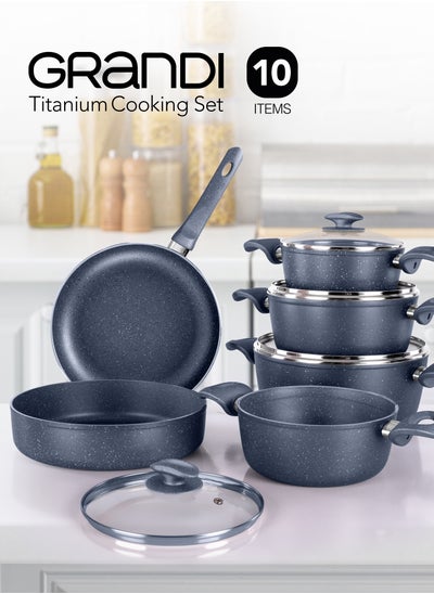 Buy Granite Coated Pots And Pans Cookware Set With Non-Stick Surfaces, Bakelite Handles,  Pyrex Lid, PFOA Free, Titanium 10-Piece Set - gray in Saudi Arabia