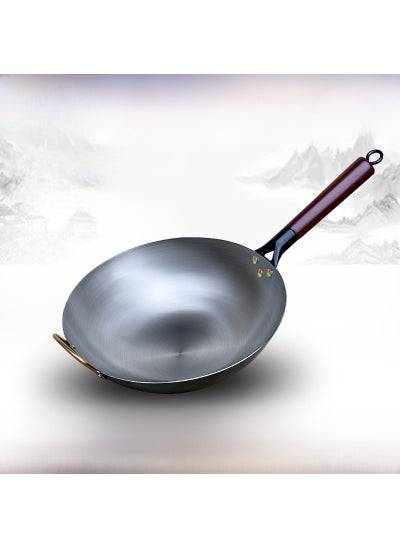 Buy Non-Stick Uncoated Stir Fry Pan 34cm [round bottom] 1.5 thick wooden handle iron pot in Saudi Arabia