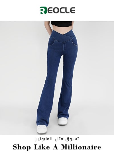 اشتري Denim Sports Yoga Pants for Women Cross-over High-waisted Tummy-tightening  Lifting Pockets Micro-flared Pants for Outer Wear Fitness Casual Pants في السعودية