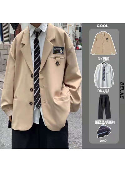 Buy Autumn Mens Suit Set Korean Trendy Casual Apricot coat + trousers + shirt + tie in UAE