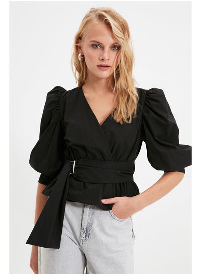 Buy Black Belted Double Breasted Woven Blouse TWOAW20BZ0923 in Egypt