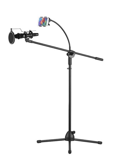 Buy Height Angle Adjustable Floor Standing Tripod Stand With Mic Clip And Phone Holder Black in UAE