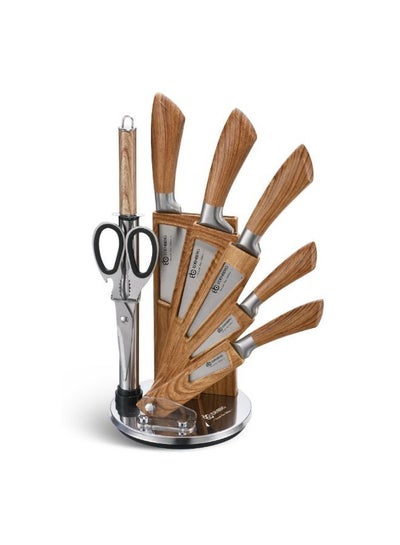 Buy EDENEBERG Kitchen Knife Set with Holder | Premium High-Carbon Stainless Steel Kitchen Knife Set with Shears & Sharpener- Set of 8 Pieces, Brown-Silver in UAE