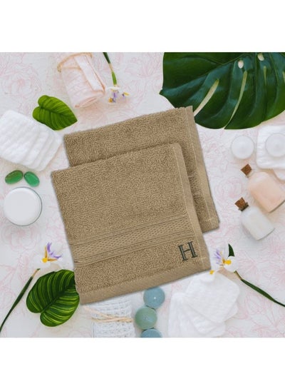 Buy Daffodil (Light Beige) Monogrammed Face Towel (30 x 30 Cm - Set of 6) 100% Cotton, Absorbent and Quick dry, High Quality Bath Linen- 500 Gsm Black Thread Letter "H" in UAE