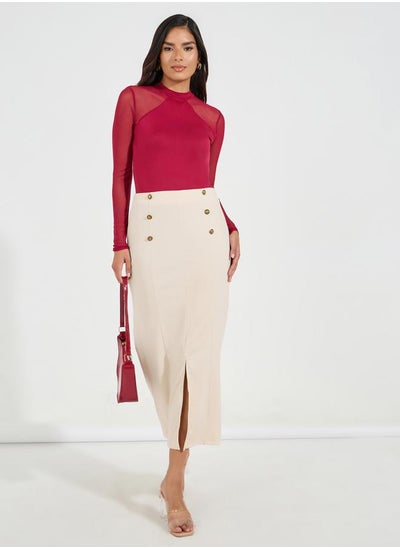 Buy Button Detail Midi Skirt with Split Hem in Saudi Arabia