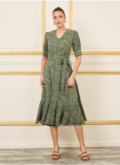 Buy Ditsy Floral Print A-Line Midi Dress with Self Tie Up in Saudi Arabia