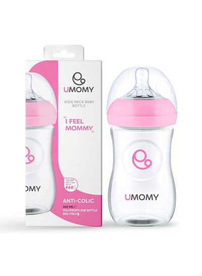 Buy 12M Baby Bottles PP Anti-Colic Infant Bottles, Silicone Rubber Teat, Wide Neck Breast-Like Nipple, BPA Free Fast Flow, Pink, 260ml in UAE