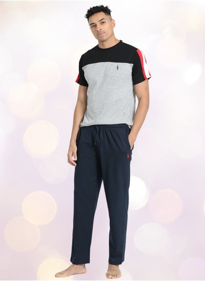 Buy Men's Cotton Pyjama Sets with Round Neck T-shirt in Grey and Black long pants in UAE