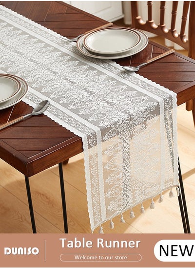 اشتري Table Runner,Vintage Tablecloth, Hollow Embroidered Table Runner,White  Retro Floral Embroidery Table Runners Boho Runner for Dining, Bedroom, Kitchen Table Decor 30 * 220cm في الامارات