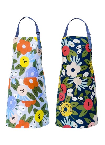 Buy 2Pcs Floral Aprons with Pocket Blooming Womens Aprons Waterproof Adjustable Cotton Chef Cooking Aprons for Kitchen Gardening Salon Cooking BBQ Grill in UAE