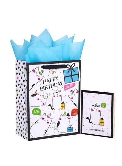 اشتري 13" Large Birthday Gift Bag With Card And Tissue Paper Adorable Cat Design Happy Birthday في الامارات