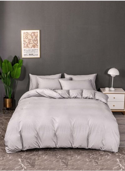 Buy Premium King size Plain Grey Color Striped Design, Bedding Set of 6 Pieces Without Filler in UAE