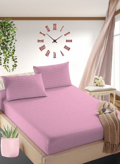 Buy Faded Pink Cotton Double Striped Fitted Elastic Pack of 3 Bedsheet 150x200+25cm in UAE