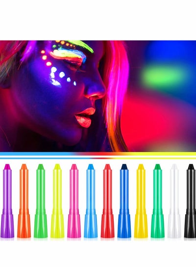 اشتري Face Paint Crayons Glow, 12 Colors Glow in The Dark UV Face Paint Crayons, The Dark Body Painting Kit Under UV and Black Light Makeup Non-Toxic for Masquerades Party Supplies في الامارات