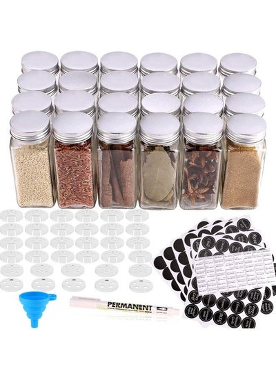 Buy 24 Glass Spice Jars with w/3 Types of Labels-4oz Empty Square Spice Containers,Three Kinds of Shaker Lids and Airtight Metal Caps-White Paint Pen and Silicone Collapsible Funnel Included in Saudi Arabia