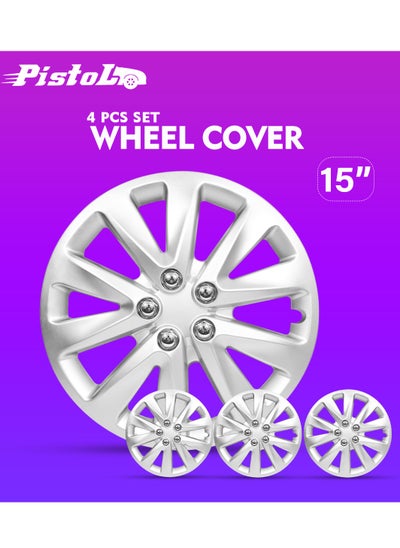 اشتري Wheel Cover Kit PISTOL 15 Inch Hubcaps Set of 4PC Automotive Wheel Cap with Universal Fit - Pistol Silver Colour High Quality في السعودية