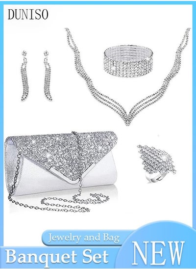 اشتري 5Pcs Clutch Bag Rhinestone Jewelry Set with Necklace Earrings Bracelets Ring Rhinestone Purse Bag Glitter Evening Bag Wedding Bridal Bridesmaid Costume Jewelry Set for Women and Girls Dress Accessorie في الامارات