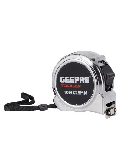 Buy Geepas Measuring Tape GT59315, 10 M X 25 MM, High Impact Chrome Body and Super Magnetic Hook, Double Sided High Visibility, With Metric and Inch Gradation| Perfect for Home and Business Use, Silver in UAE