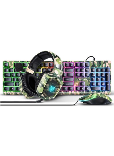 اشتري 3-In-1 Gaming Keyboard Mouse Combo with Headphone,RGB  Light Gamer Headset Keyboard Mice for PC Gaming Camouflage Green في السعودية