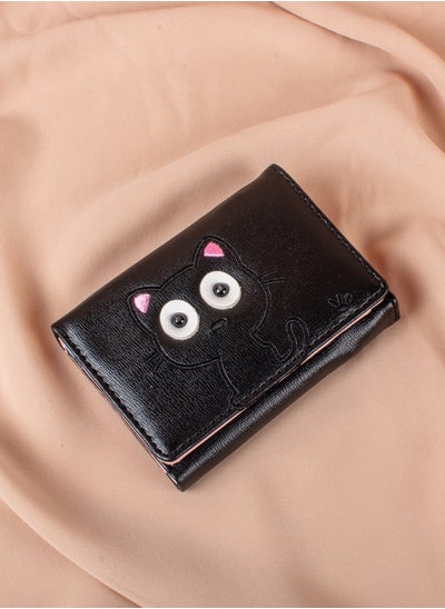 Buy Leather Flip Wallet & Card Holder with 7 Pockets and Zipped Pocket Black - Kitten in Egypt