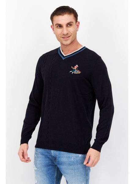 Buy Men V-Neck Brand Logo Long Sleeves Sweatshirt, Dark Navy in Saudi Arabia