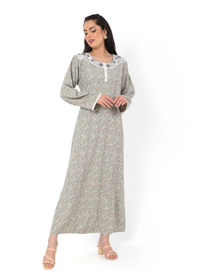 اشتري MULTICOLOUR SMALL FLORAL PRINTED AND EMBROIDERD ARABIC KAFTAN JALABIYA DRESS في الامارات