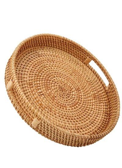 اشتري Coffee Table Tray Round Rattan Ottoman Woven Serving Trays with Handles for Home and Kitchen Decorative Natural (11.8 inch x 2 inch) في السعودية