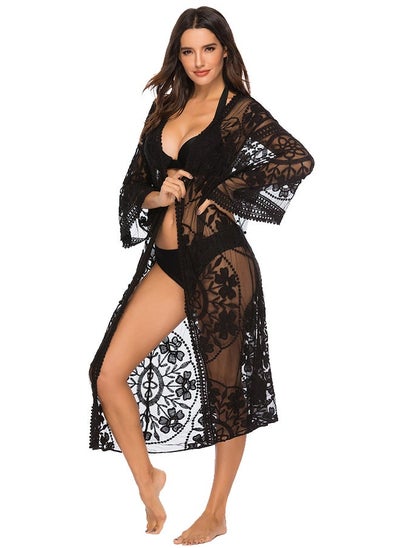 Buy Embroidered Open Front Cover Up Black in Saudi Arabia