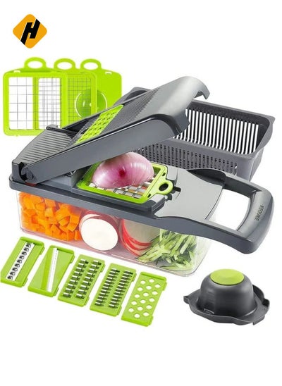 Buy Vegetable Chopper Slicer Dicer - 12 -in -1 Onion Chopper Fruits Cutter Mandoline Slicer Food Chopper/Cutter with 7 Stainless Steel Blades, Adjustable Slicer & Dicer with Storage Container in Saudi Arabia