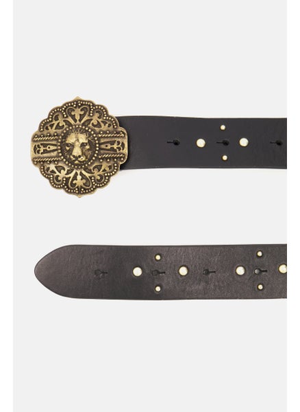 اشتري Women Textured Lion Buckle Leather Belt, Black في السعودية