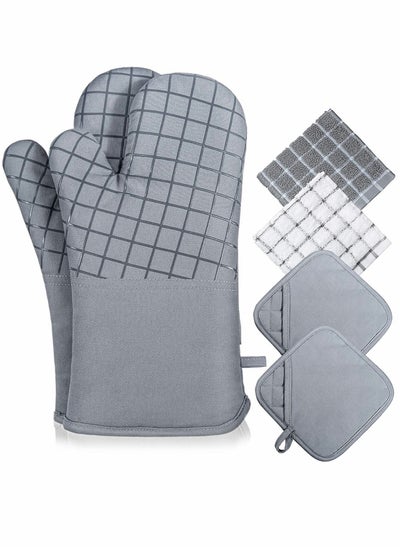 اشتري Oven Mitts and Pot Holders Sets, 550°F High Heat Resistant Oven Mitts with Kitchen Towels Thick Cotton Oven Gloves with Non-Slip Silicone for Cooking and Baking (6Pcs, Grey) في الامارات