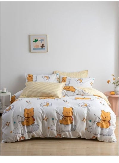 Buy Reversible Cartoon Design Yellow Checks and White with Bear on the Cloud Single Size Duvet Cover without Filler 1 Duvet cover - 160*210cm, 1 Fitted sheet - 100*200+30cm, 2 Pillow cases - 50*75cm in UAE