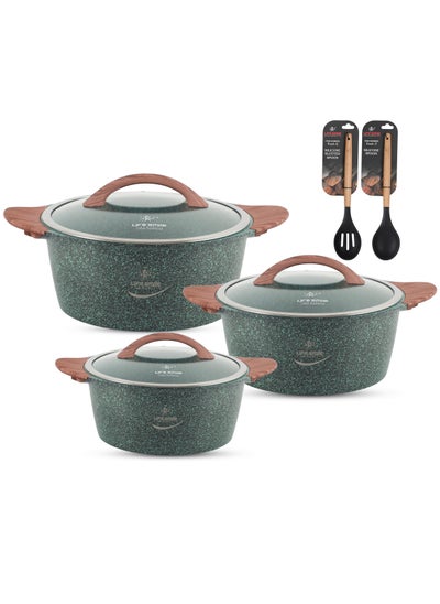 اشتري Cookware Set 11 pieces - Cooking Pots set Induction Bottom , Granite Non Stick Coating, Die Cast aluminum Casserole Set include Casseroles And Silicone Utensils & Wooden Turner في الامارات