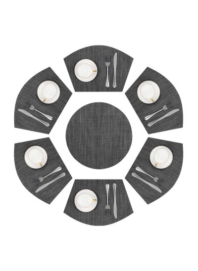 اشتري Round Table Placemats Set of 7, Wedge Shaped Place Mat with Centerpiece Round Mat, Woven Vinyl Table Placemats, Large Size Wedge Shape, Heat Resistant Table Mats Washable (7, Black Gray) في السعودية