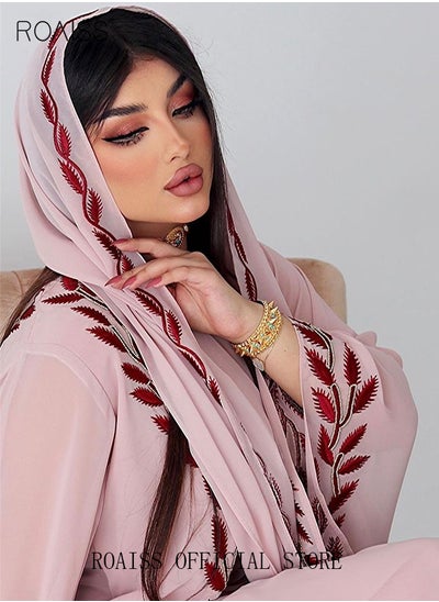 Buy Women Muslim Dresses Middle East Fashion Street Summer Chiffon Muslim Embroidery Pink Round Neck Dress with Hijab Eid Ramadan Islamic Prayer Dress Robe in Saudi Arabia