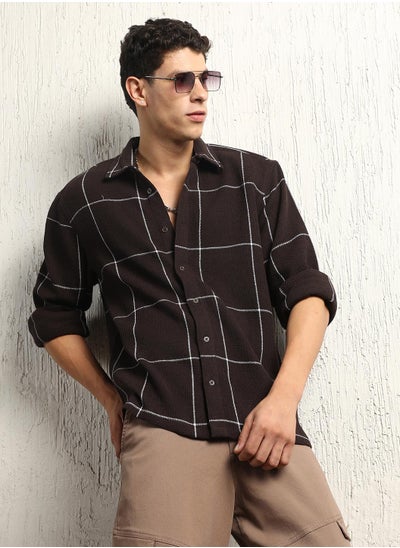 Buy Oversized Cotton Casual Check Waffel Double Pocket Full Sleeve Shirt in UAE