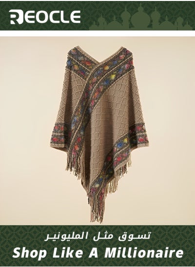 Buy Pullover Rhombus Plaid Shawl Spring and Autumn New Ethnic Style Tassel Cape to Wear with Women's Fashionable and Versatile Travel Coat in Saudi Arabia