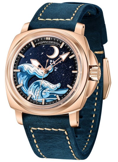 اشتري Men's Automatic Mechanical Watches NH35 Movement Imported From Japan, Luminous Dial, Sports Waterproof, Classic Retro Leather Blue Strap, Gold Dial في الامارات