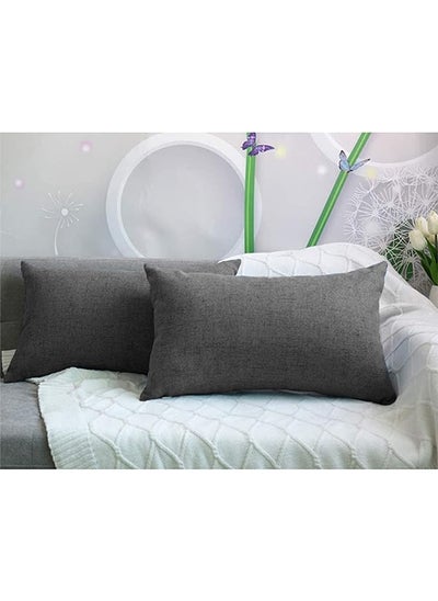 Buy 2 Pieces Linen Decorative Cushion Set Solid Design 50X30 Cm Dark Grey in Saudi Arabia