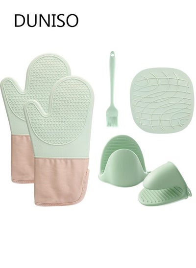 اشتري Extra Long Silicone Oven Mitts and Pot Holders Set, Heat Resistant Mittens with Mini Gloves Hot Pads and Oil Brush , for Kitchen Baking Cooking في الامارات