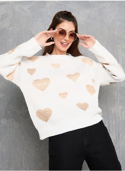 Buy Heart Pattern Print Drop Shoulder Sweater in Saudi Arabia