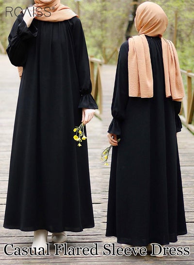 Buy Abaya Style Solid Color Casual Loose Dress Women'S Fashion Versatile Commuting Daily Long-Sleeve Long Skirt in UAE