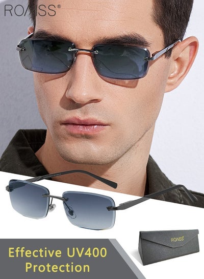 Buy Men's Rectangular Rimless Sunglasses, UV400 Protection Sun Glasses, Fashion Anti-Glare Sun Shades for Men Driving, Fishing, Traveling, Gun Color, 57mm in UAE