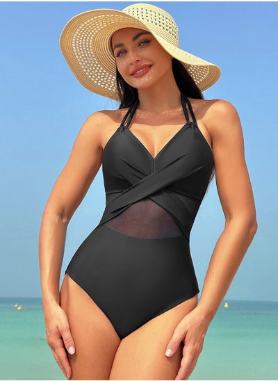 Buy Women's Mesh Stitching One Piece Swimsuit Halter V-Neck Bathing Suits Black in UAE