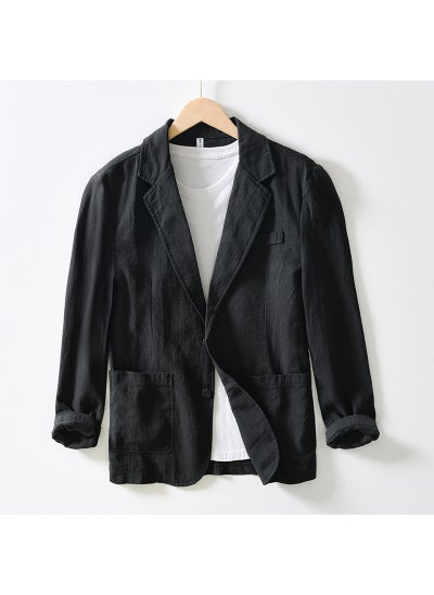 Buy L988 Casual Cotton Linen Blazer Mens Fashion Loose Solid Color Suit Jacket Black in Saudi Arabia