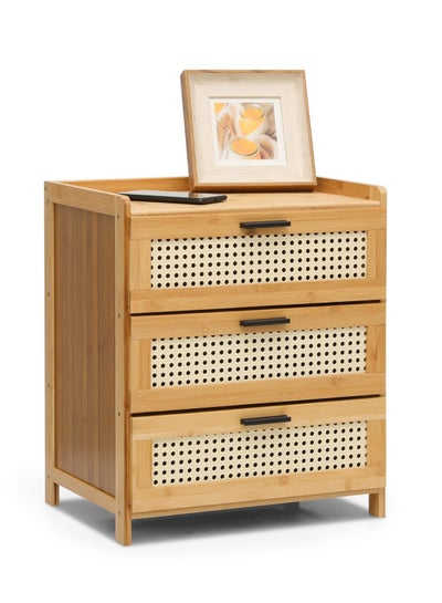 Buy Boho Nightstand with 3 Drawers Rattan Pattern Modern End Table, 20" Bamboo Sofa Side Table Bedside Table for Small Space, Accent Side Table Chest of Drawers for Bedroom Living Room, Natural in UAE